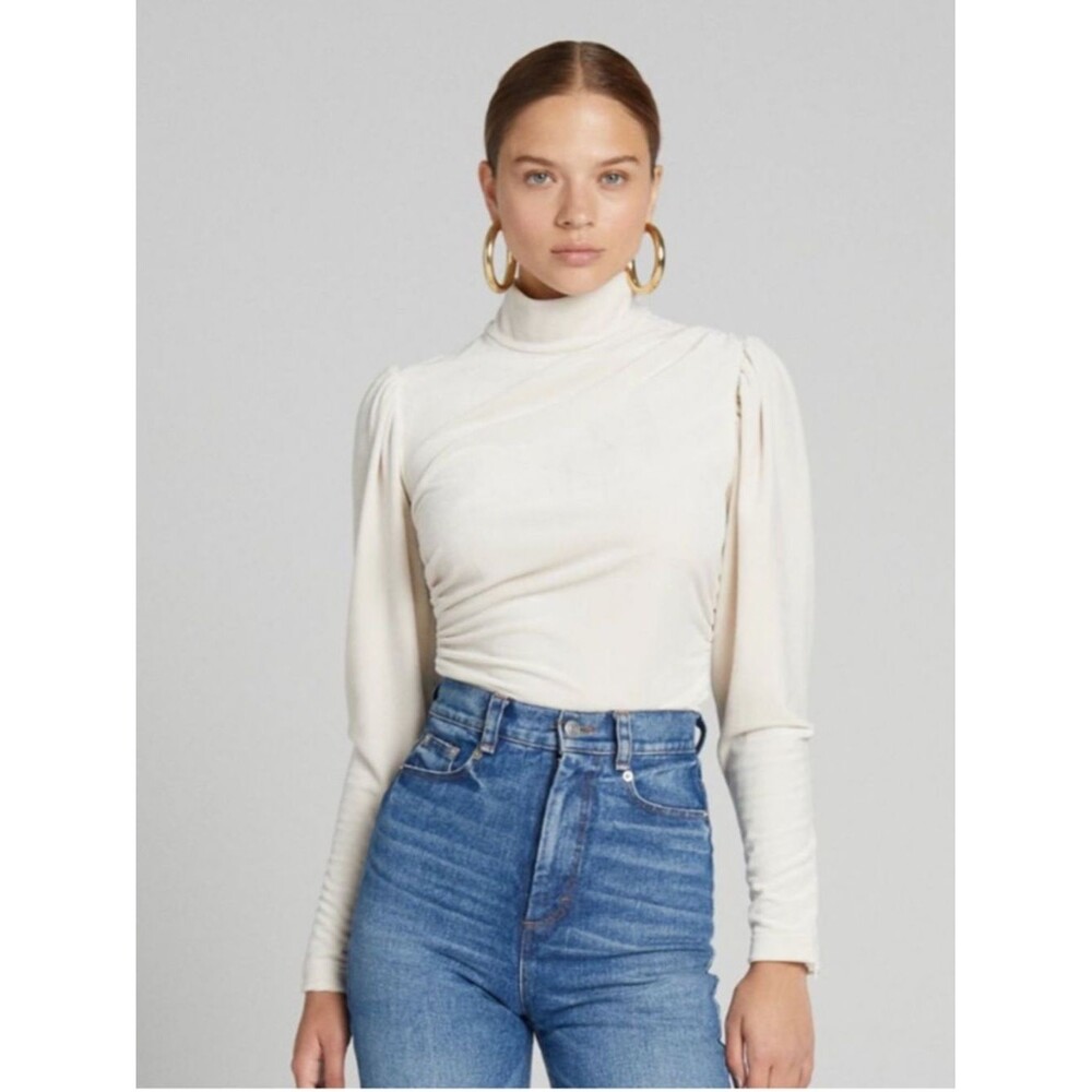 A.L.C. Ivory Rice Joss Asymmetrical High Neck Long Sleeve Velvet Top Size 8 Chic
